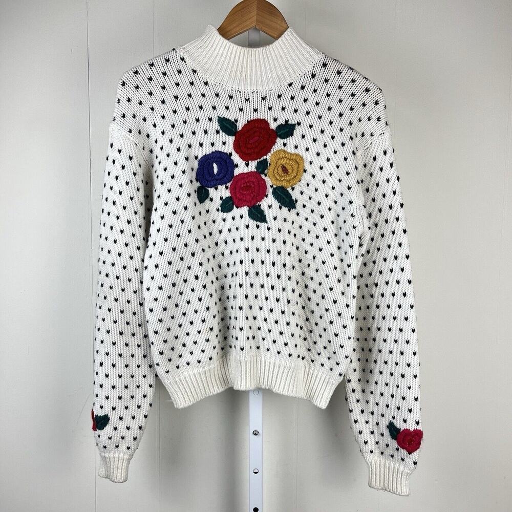 Vintage 80s Grandmacore Sugar Co LTD Floral Raised Poka Dots Sweater Size Large